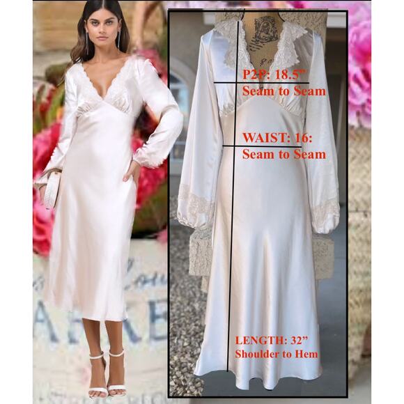 Lulus Women Illustrious Elegance Champagne Satin Long Sleeve Midi Dress Size M - Picture 7 of 10